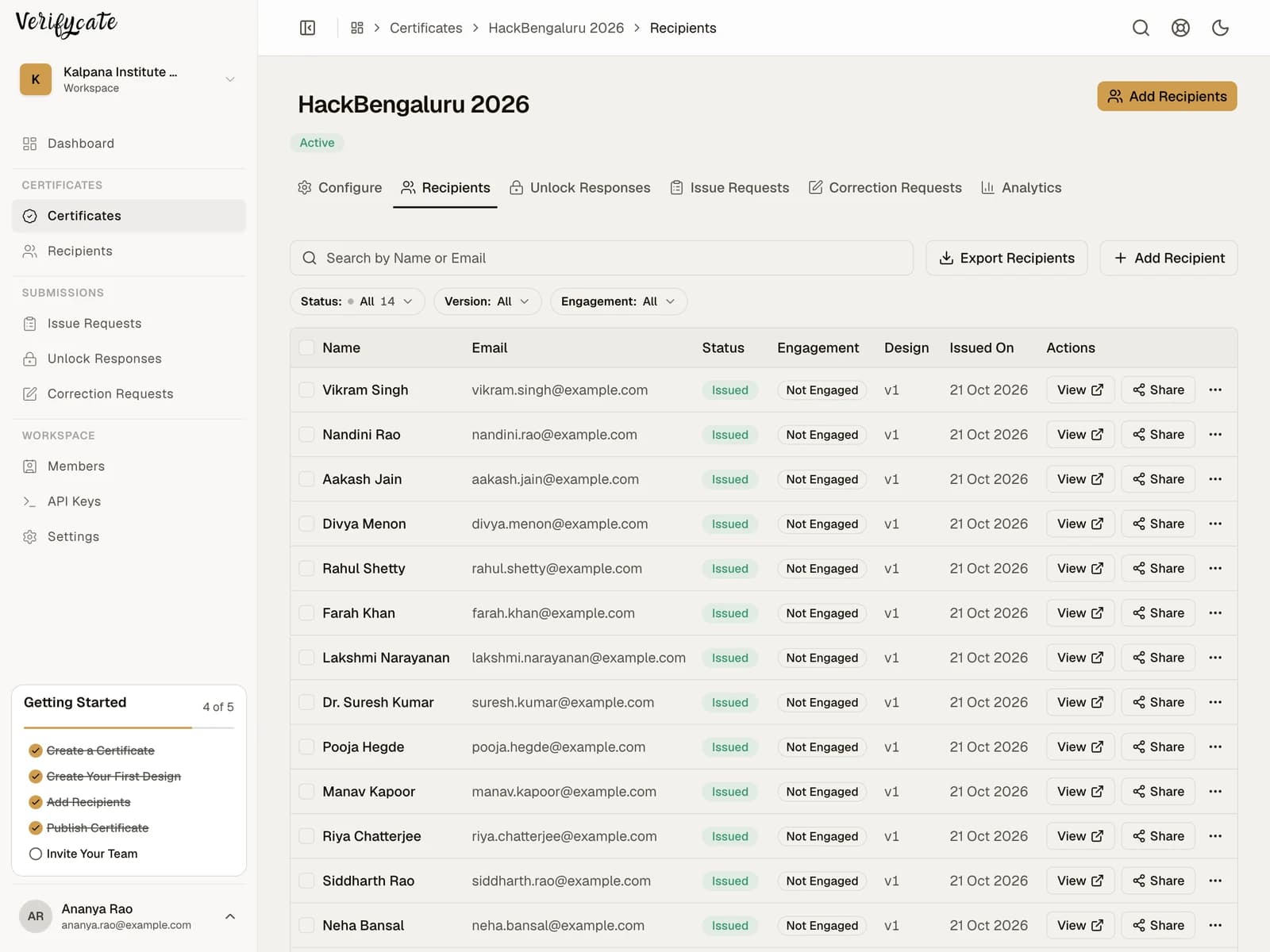 Recipients tab for the Accessible Interfaces Webinar showing issued rows with design version and share actions