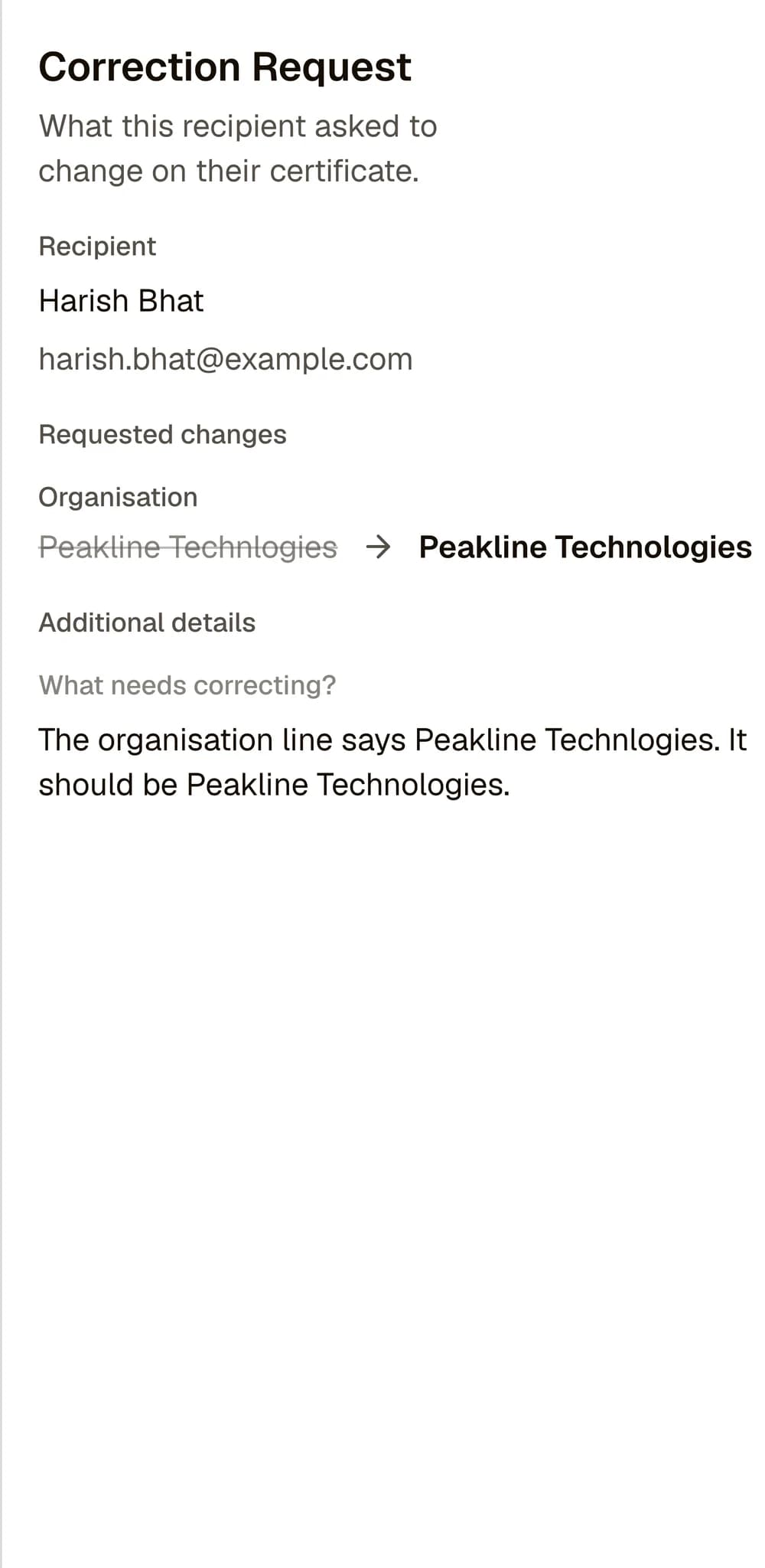 Correction request detail showing Peakline Technlogies changed to Peakline Technologies with the recipient's reason