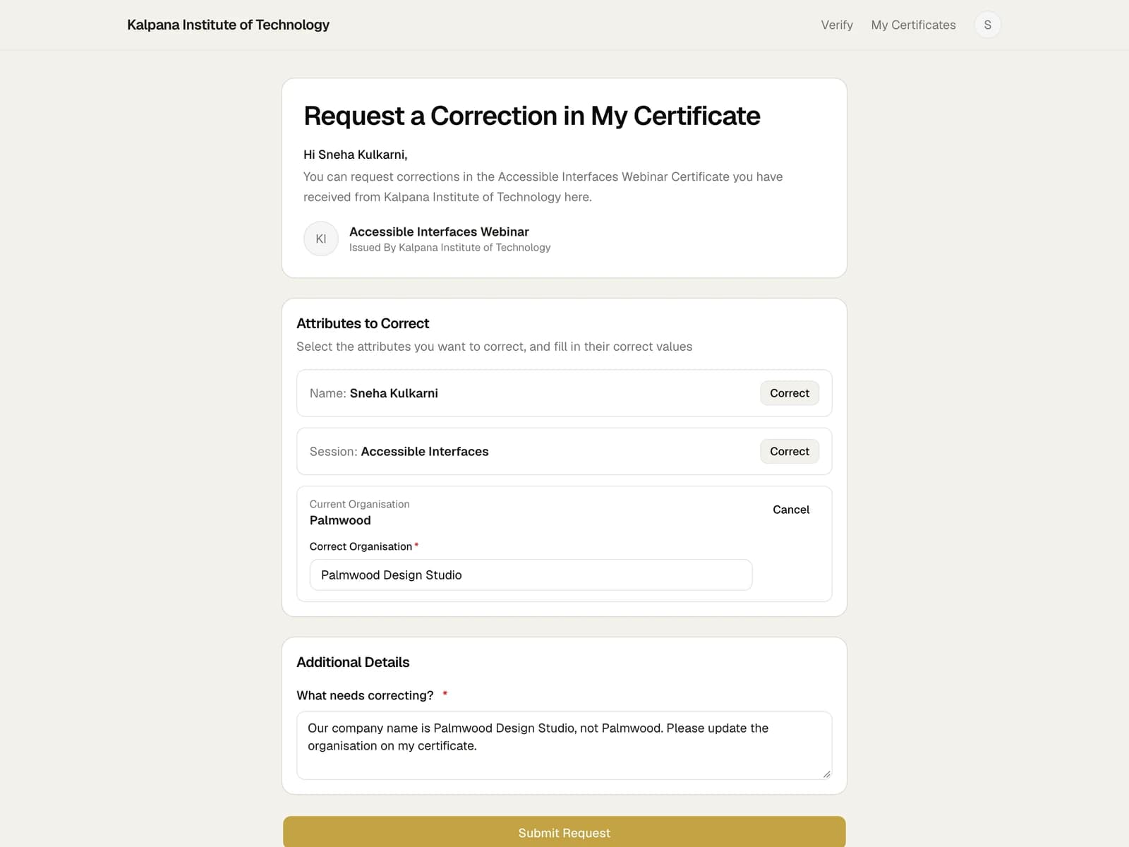 Public correction form for the Accessible Interfaces Webinar showing an organisation change and a reason