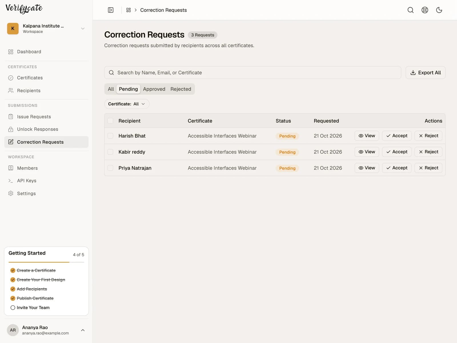 Correction Requests inbox showing pending name and organisation corrections for the webinar