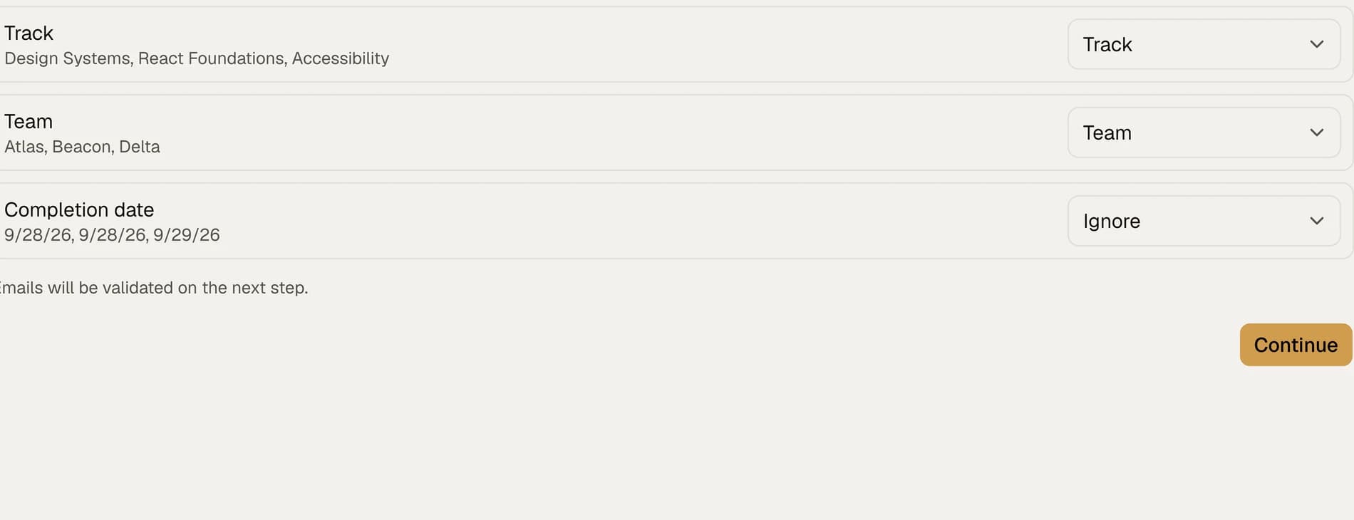 CSV import mapping rows linking spreadsheet columns to recipient name, email, track and team