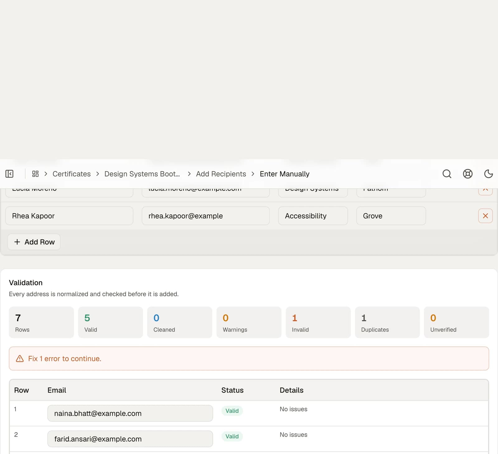 Validation summary for an import with seven rows, five valid, one duplicate and one invalid email