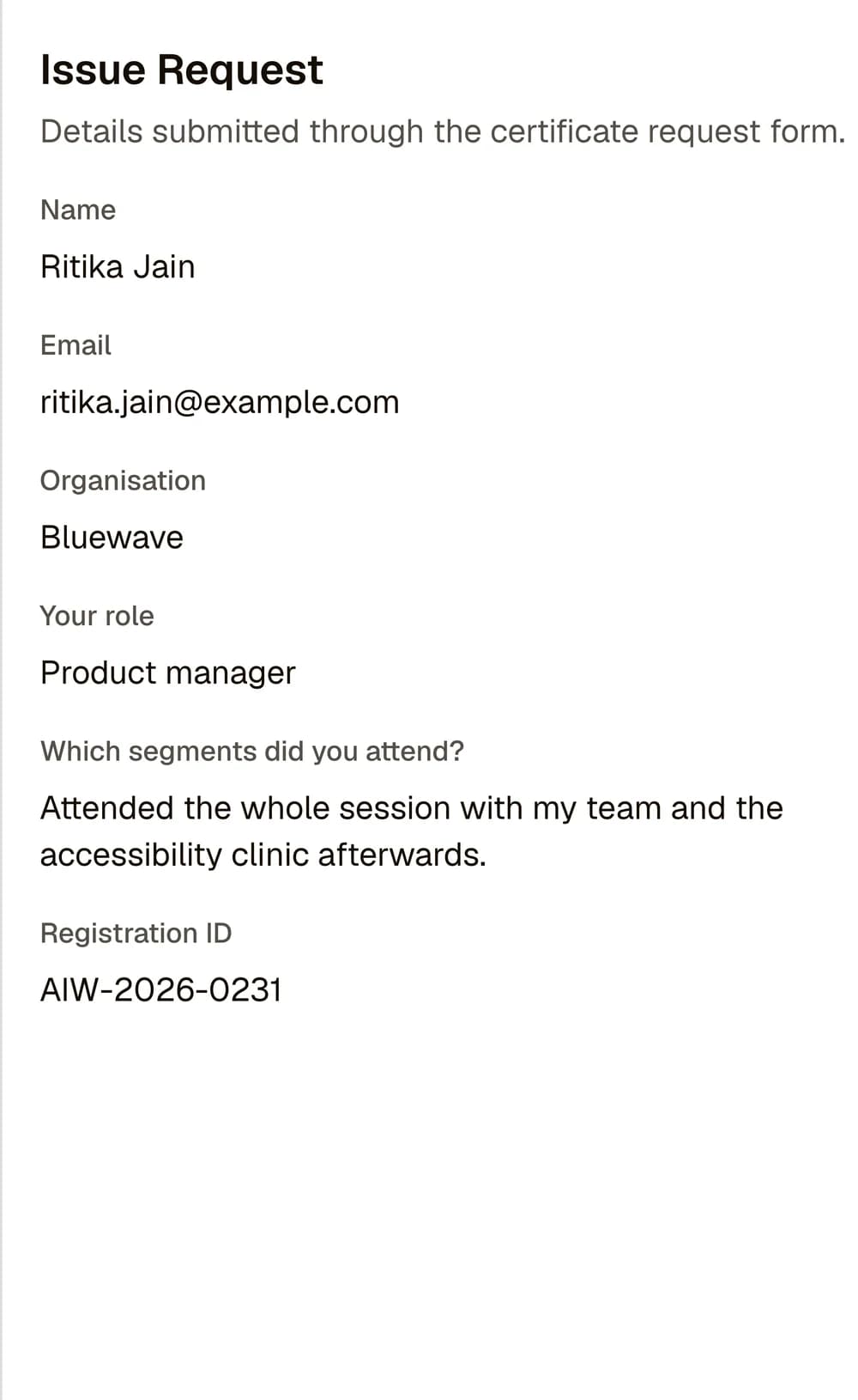Issue request detail panel with Ritika Jain's organisation, role, attended segments and registration ID