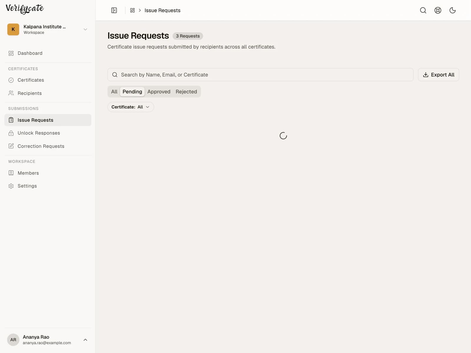 Issue Requests inbox showing three pending webinar certificate requests with View, Accept and Reject actions