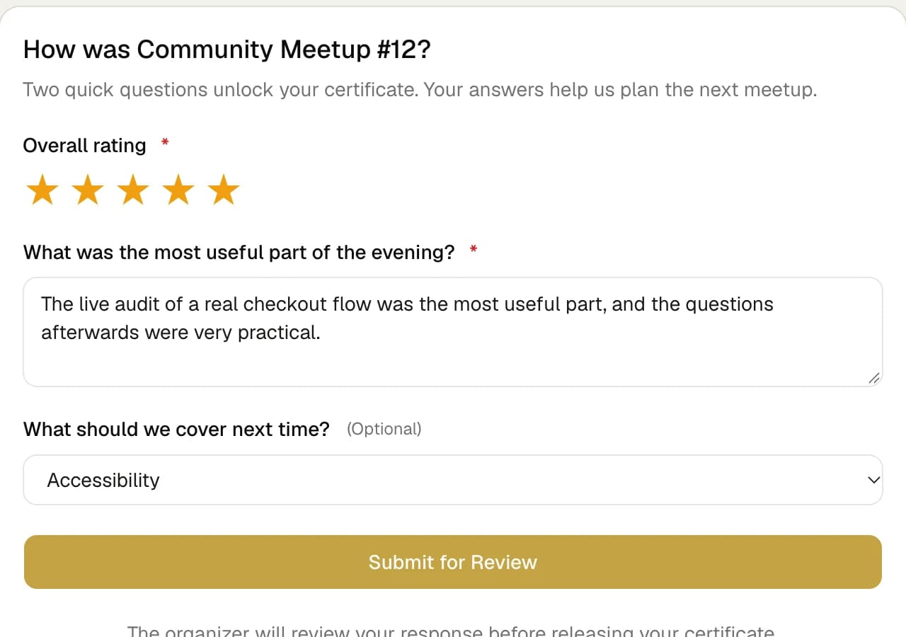 Unlock form question card showing a star rating, a feedback textarea and an optional next-topic select