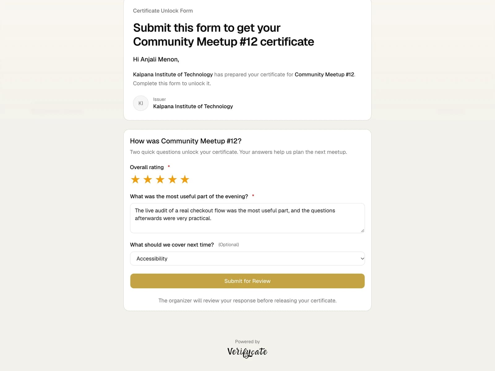 Certificate unlock form for Community Meetup #12 with a five-star rating and written feedback filled in