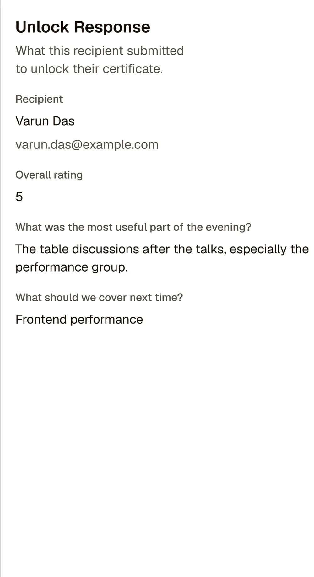 Unlock response detail panel with Varun Das's five-star rating, favourite part of the evening and requested next topic