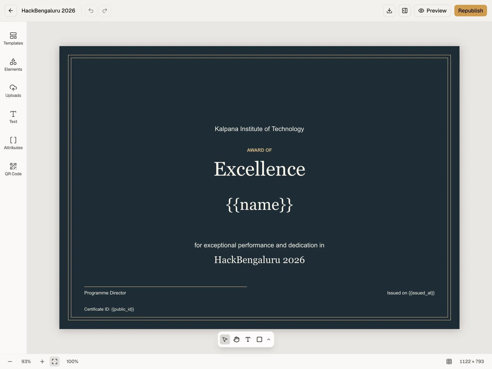 Certificate design editor with the HackBengaluru 2026 excellence certificate open on the canvas