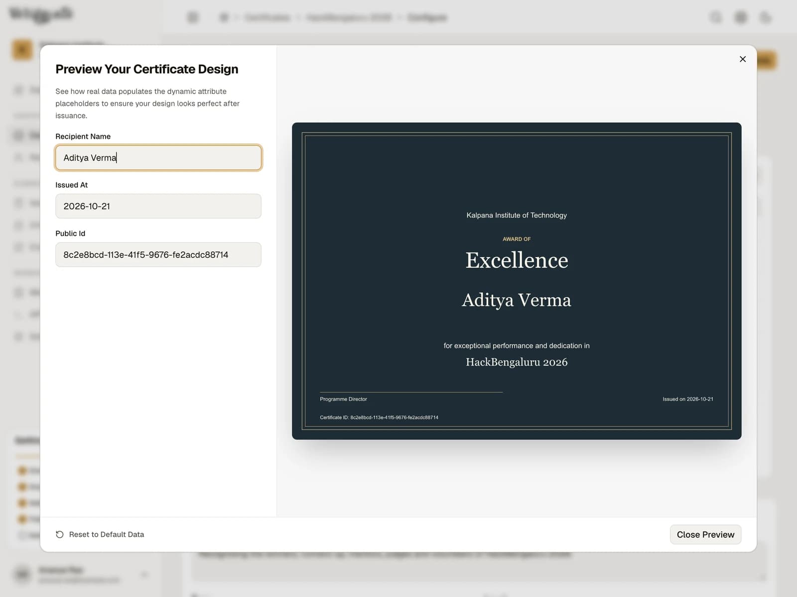 Preview dialog showing the HackBengaluru certificate with Aditya Verma's name and issue date
