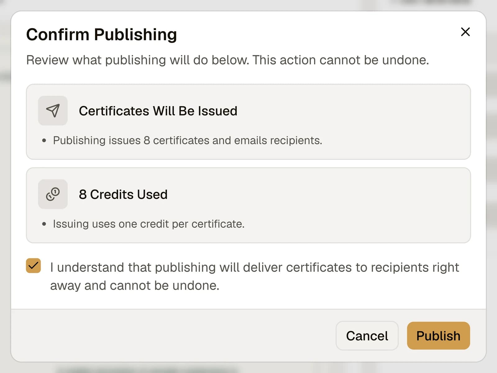 Confirm Publishing dialog showing eight certificates will be issued and eight credits used