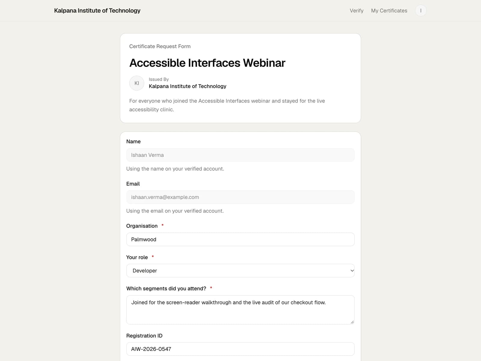 Public certificate request form for the Accessible Interfaces Webinar with organisation, role, sessions and registration fields filled in