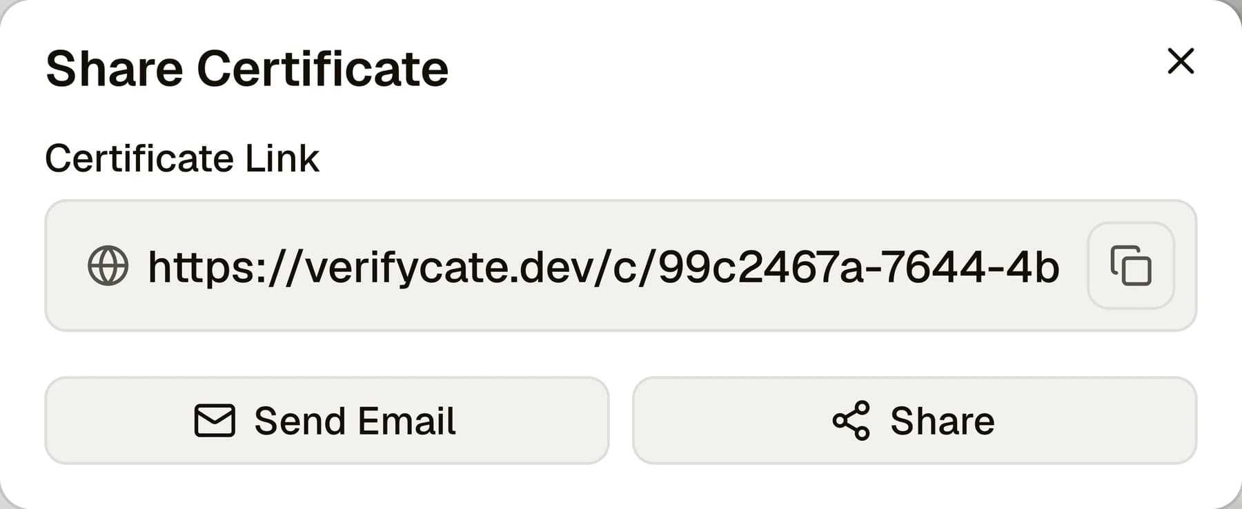 Share Certificate dialog with a copyable public certificate link, Send Email and Share actions